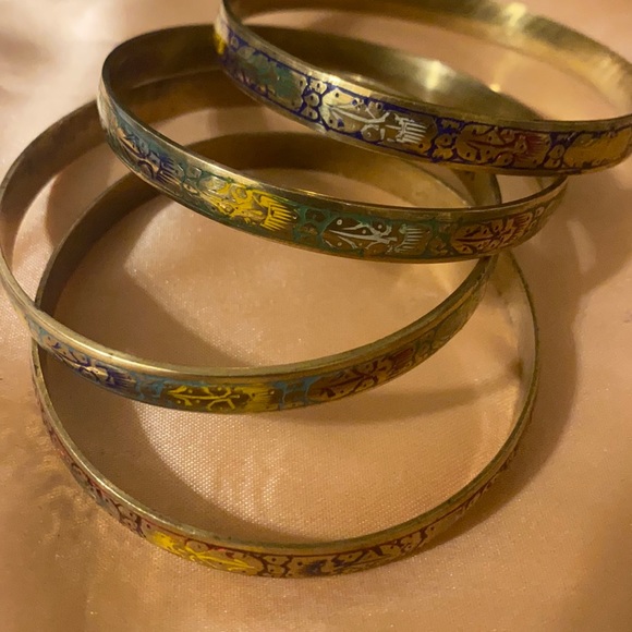 VINTAGE BROWN, GREEN AND GOLD CLOISONNÉ BANGLE BRACELET - Picture 1 of 4